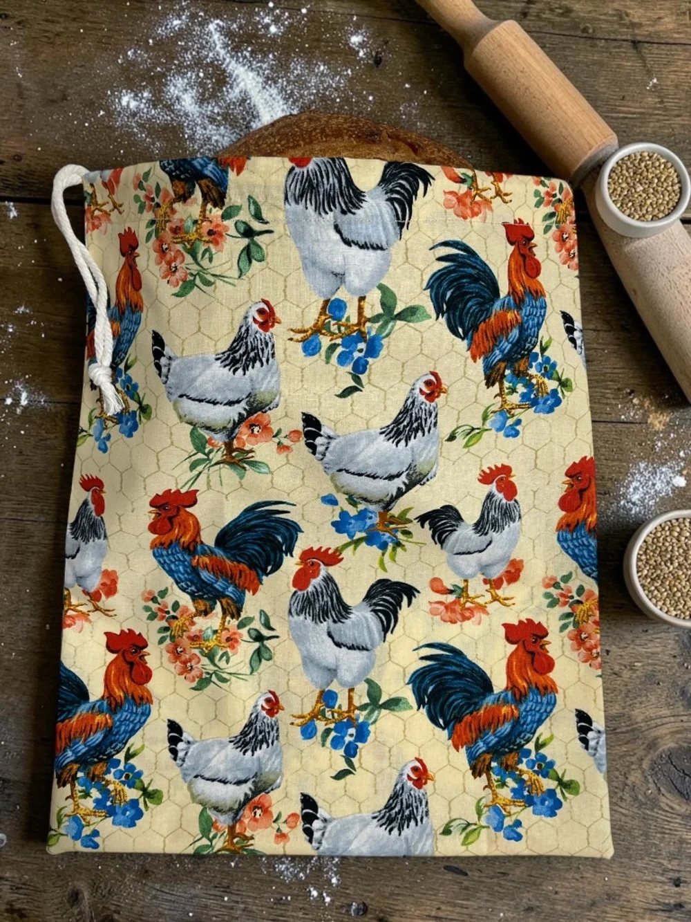 Farmhouse Raise Chickens Cotton Bread Bag, Reusable Cloth Sourdough Storage